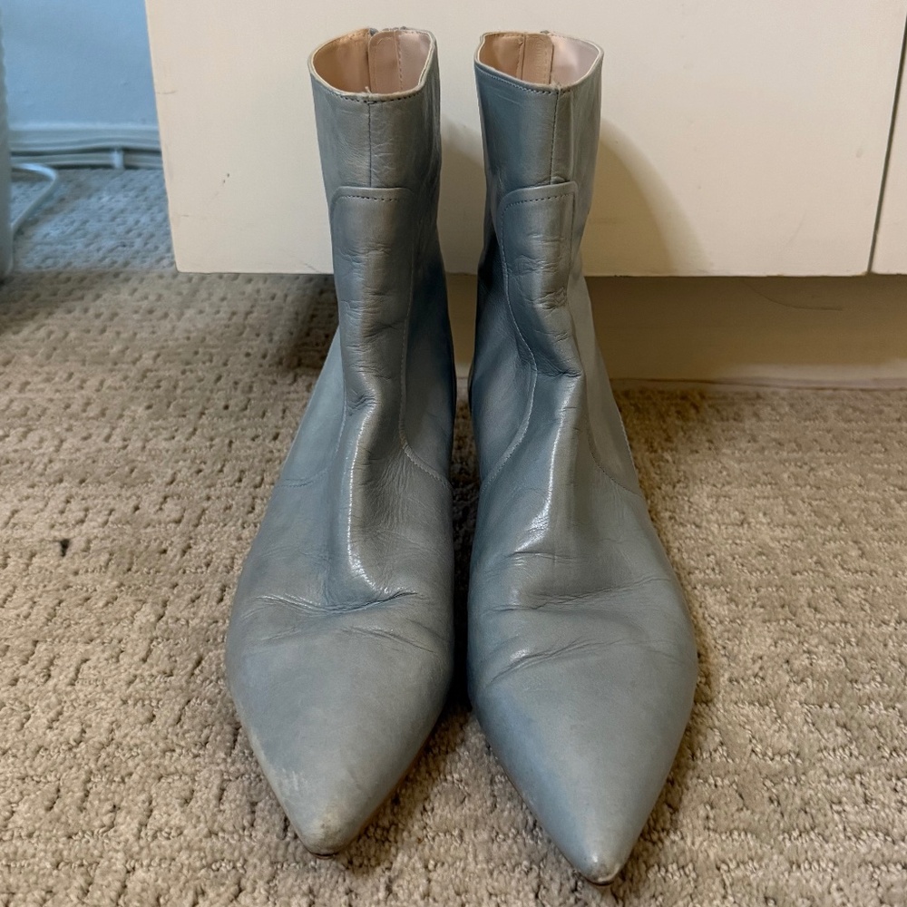 Zara Basic Leather Kitten Heel Booties 41 Dusty Blue Spain